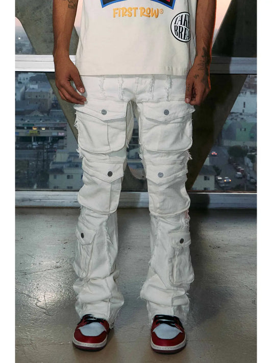 “NEW” First Row Premium Denim Cargo Stacked Jeans (Cream)