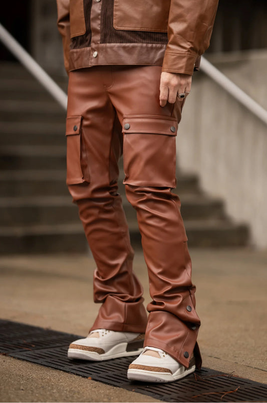 “NEW” KDNK Stacked Leather Snap Pants (Brown)